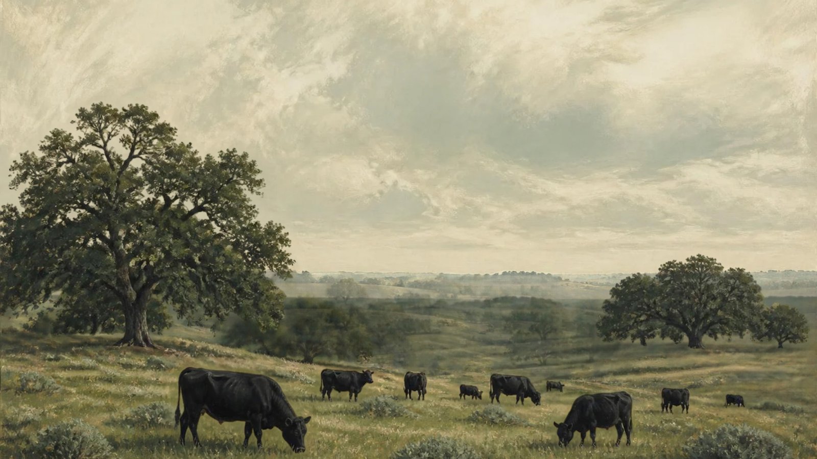 Painting of black Wagyu cattle grazing on rolling Texas pasture beneath live oaks