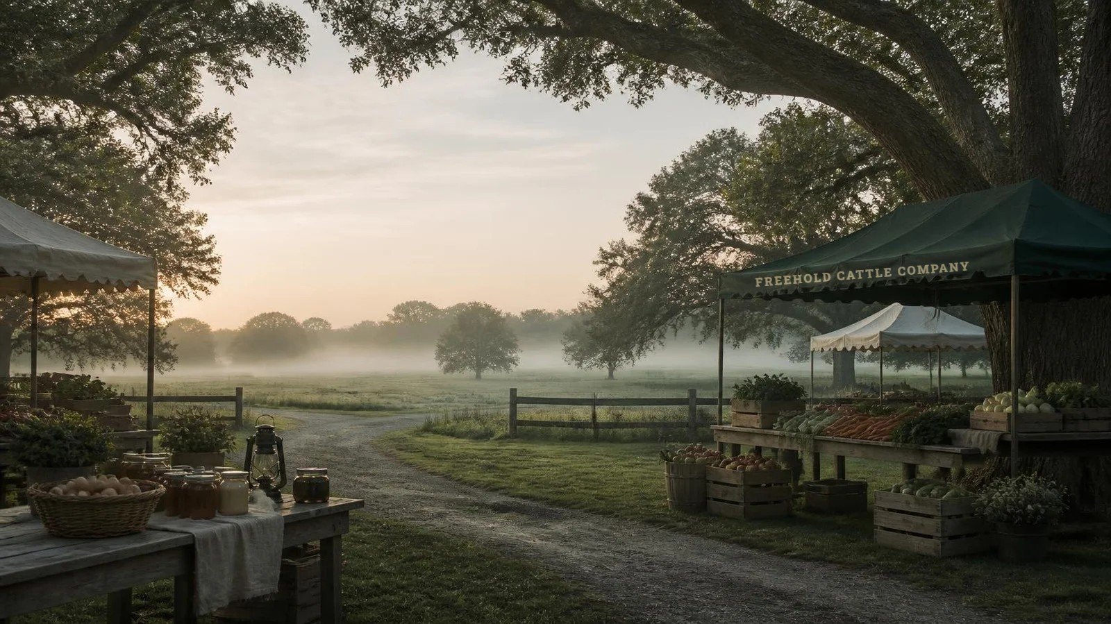 Quiet country farmers market at dawn under live oaks, with a green Freehold Cattle Company tent and misty pasture beyond