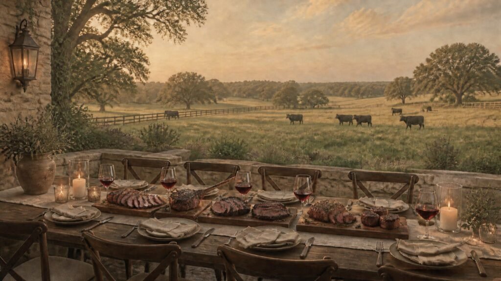 Oil-painting style ranch patio with a long table set with Wagyu cuts, overlooking a Texas pasture with grazing cattle