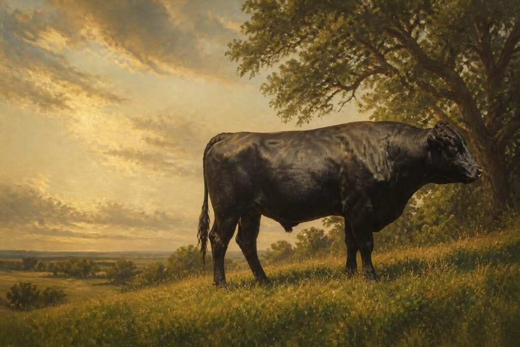 Oil-painting style portrait of a black Freehold American Wagyu bull standing in a Texas pasture at golden hour