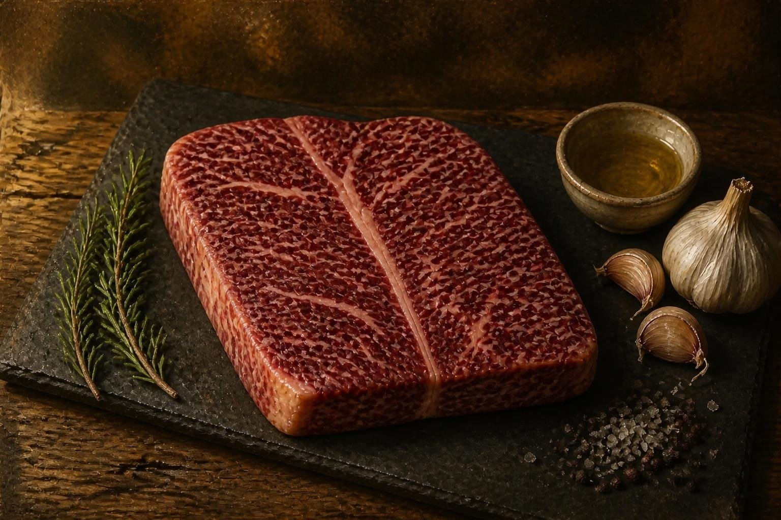 Raw American Wagyu bottom round roast on a slate board with garlic and herbs