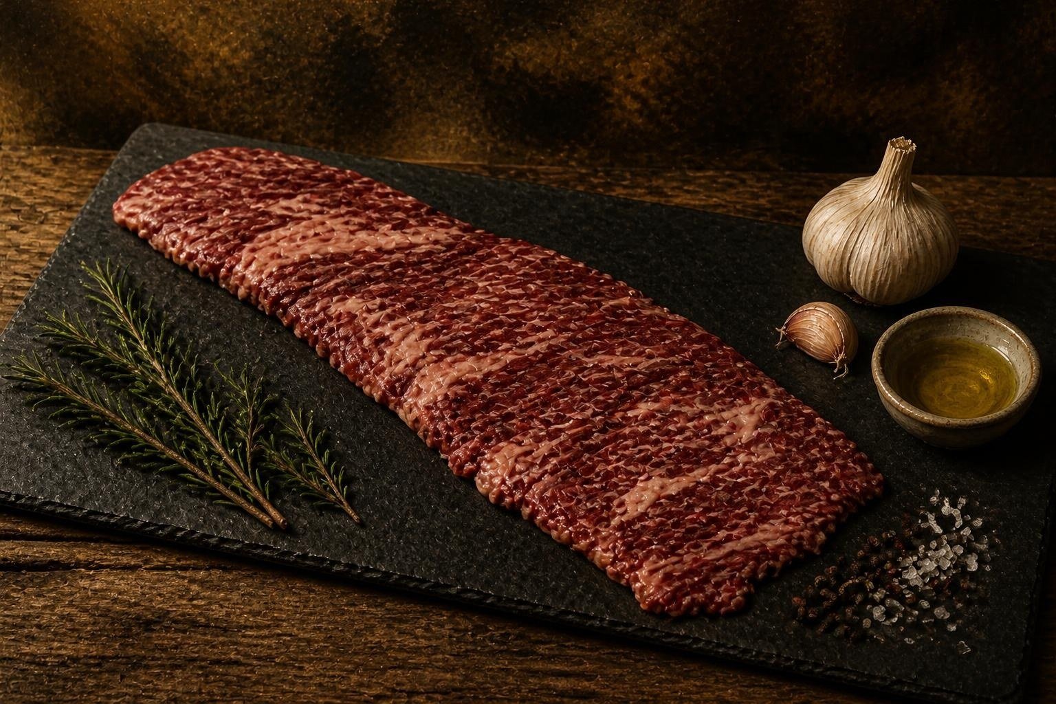 Raw American Wagyu skirt steak on a slate board with garlic and herbs