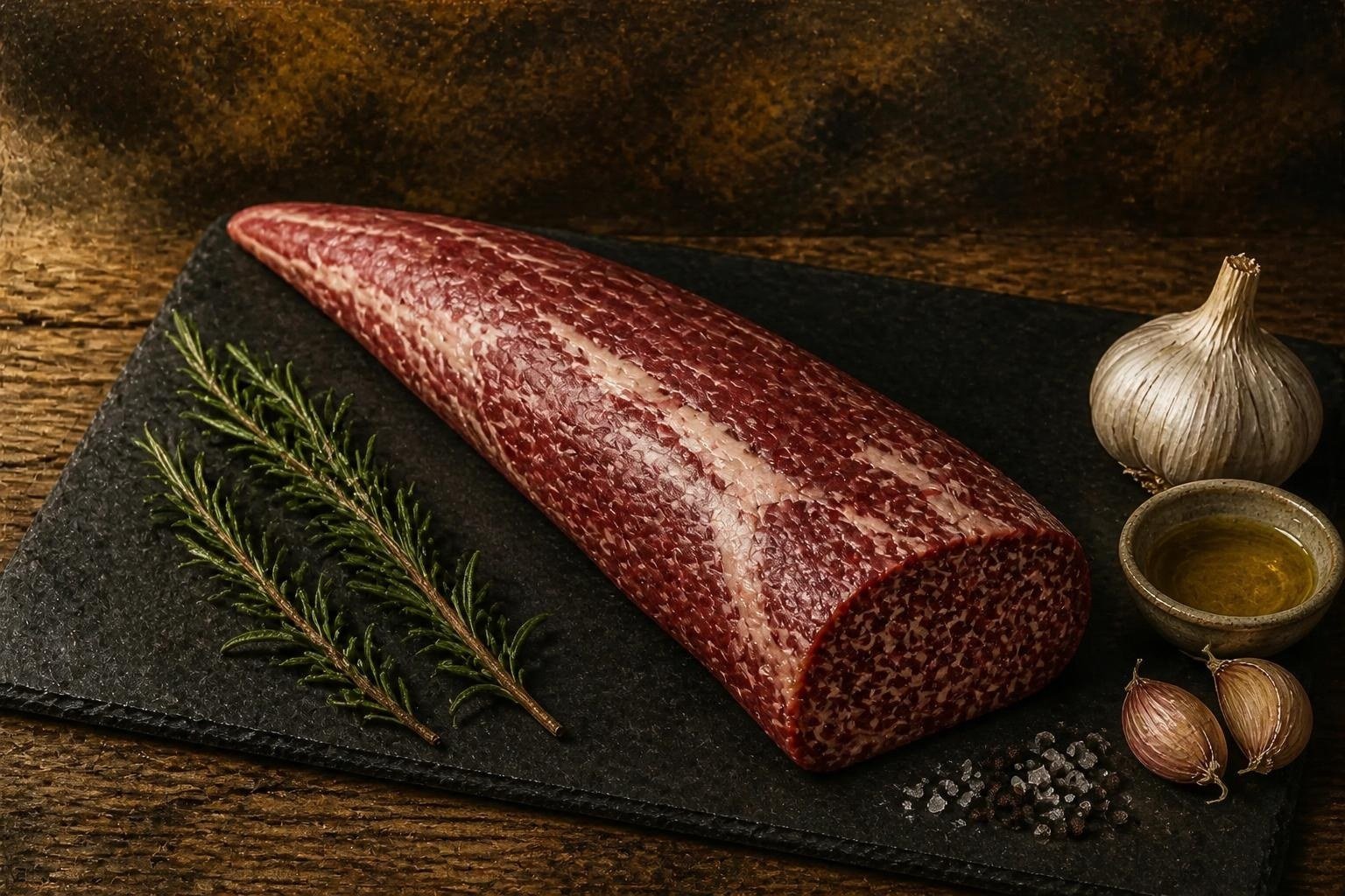 Raw American Wagyu tenderloin roast on a slate board with garlic and herbs