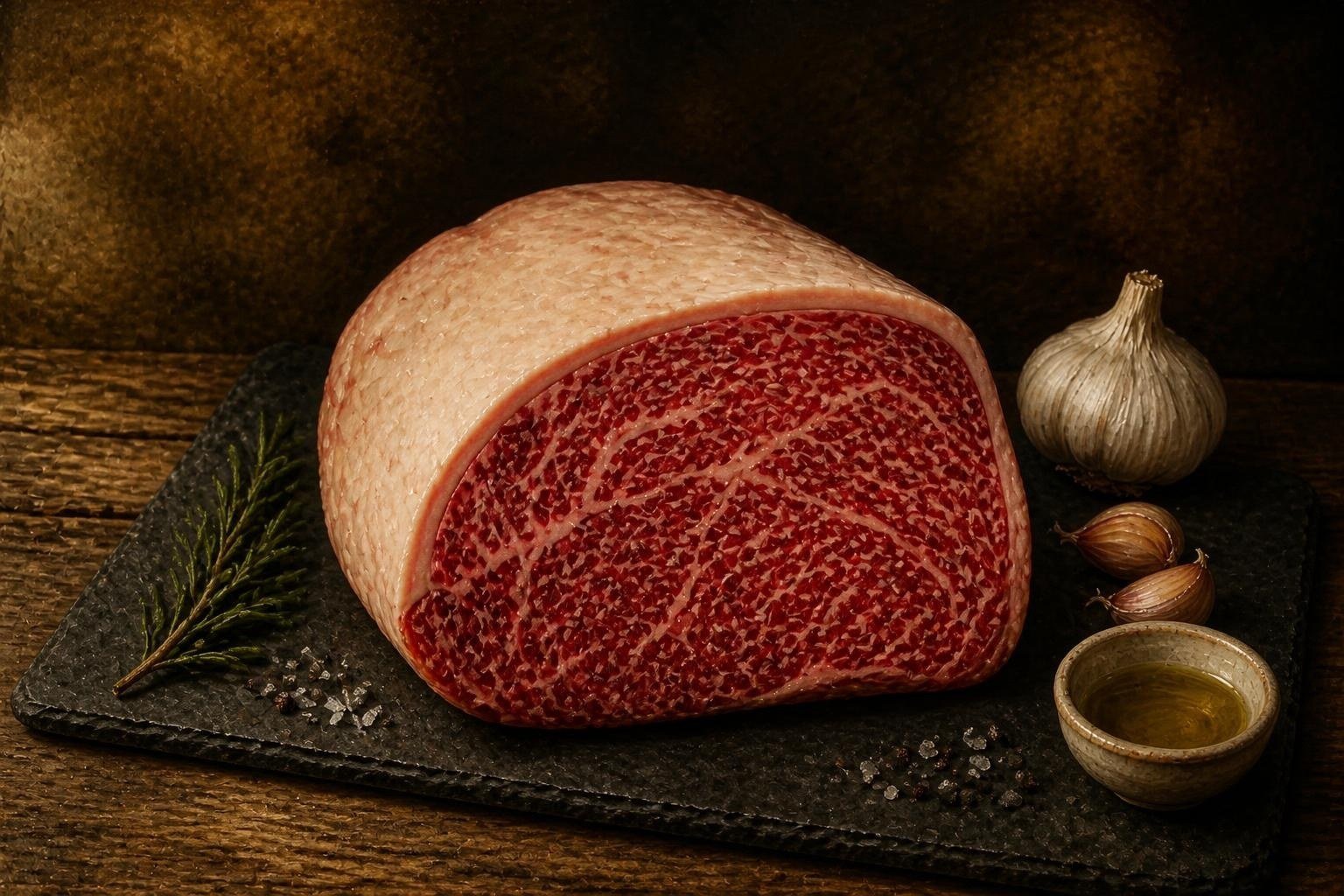 Raw American Wagyu rump roast on a slate board with garlic and herbs