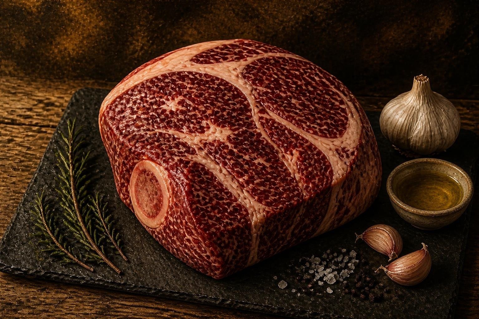Raw American Wagyu chuck roast on a slate board with garlic and herbs