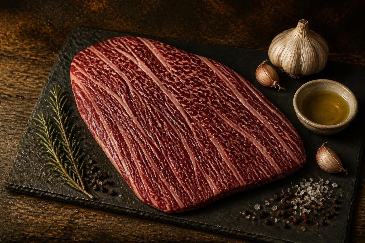 Raw American Wagyu flank steak on a slate board with garlic and herbs