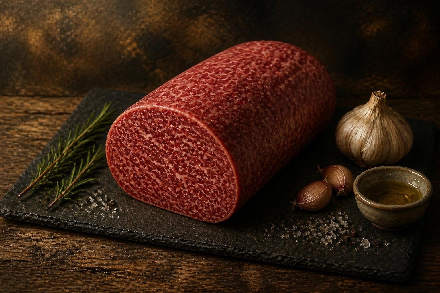 Raw American Wagyu eye of round roast on a slate board with garlic and herbs