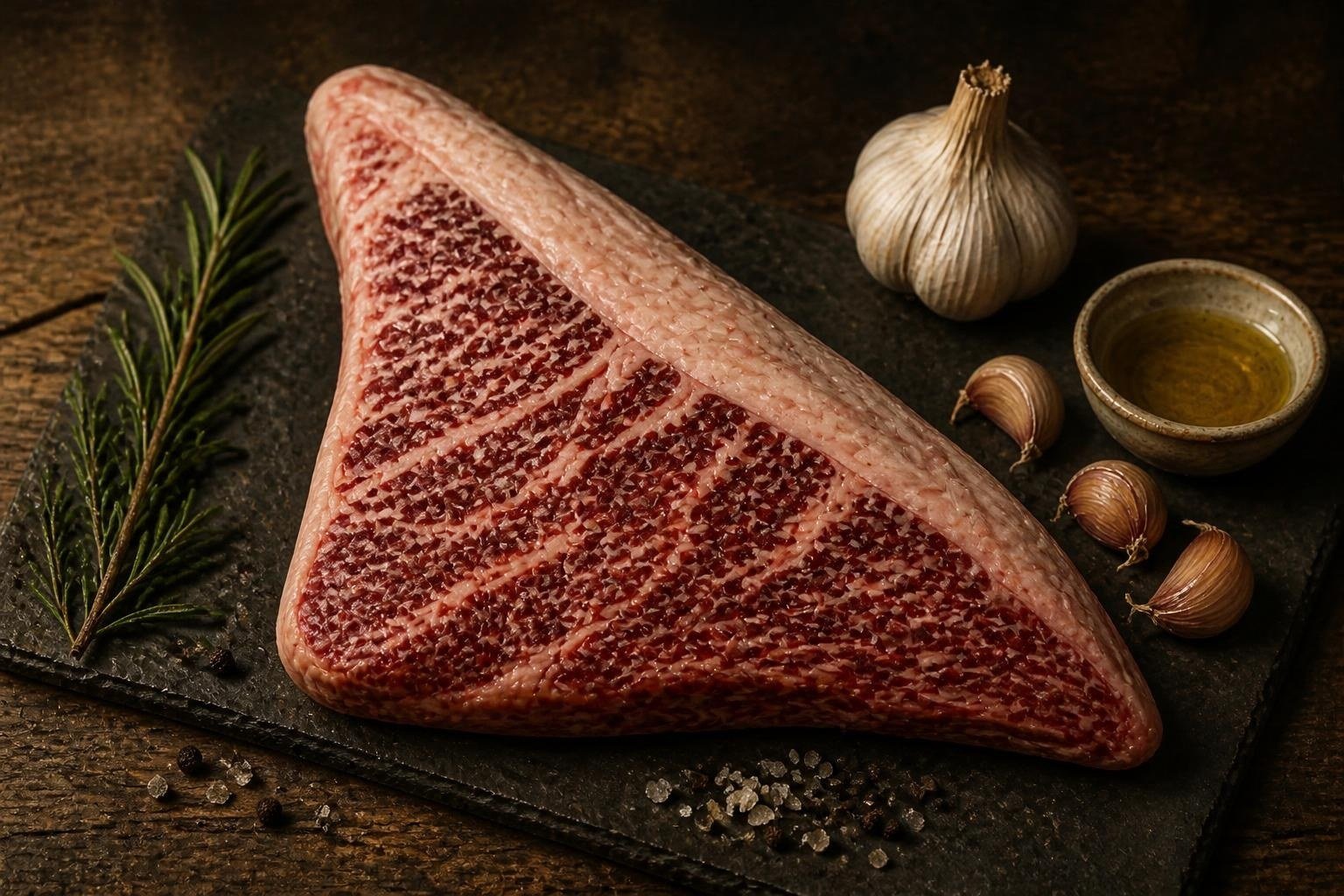 Raw American Wagyu tri-tip on a slate board with garlic and herbs