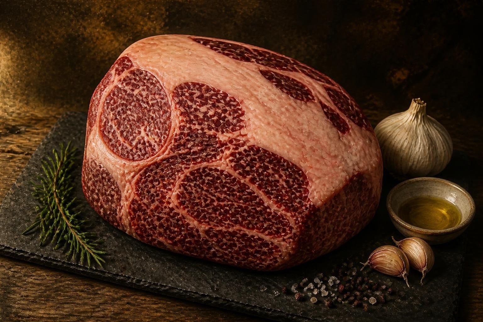 Raw American Wagyu arm roast on a slate board with garlic and herbs
