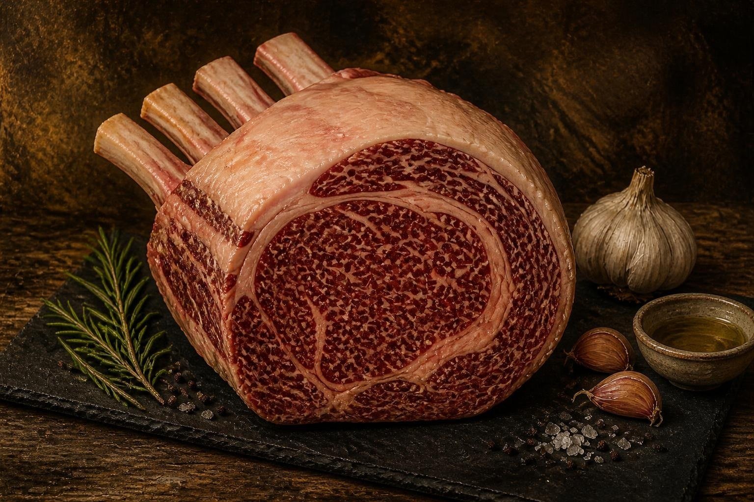 Raw American Wagyu standing rib roast on a slate board with garlic and herbs
