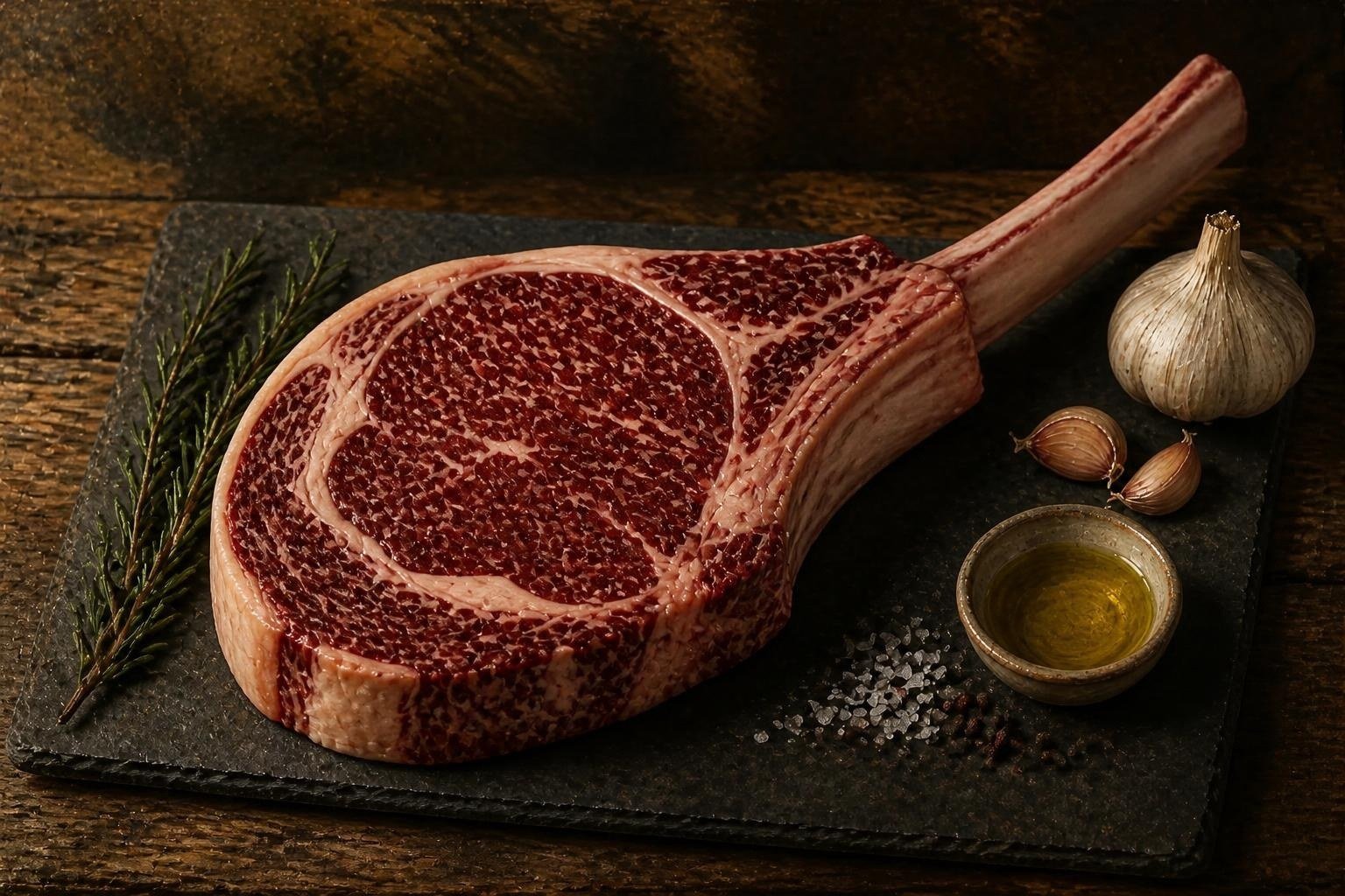 Raw American Wagyu tomahawk ribeye on a slate board with garlic and herbs