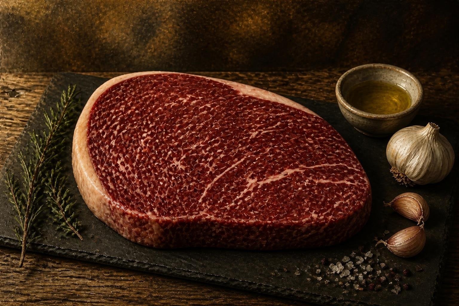 Raw American Wagyu denver steak on a slate board with garlic and herbs