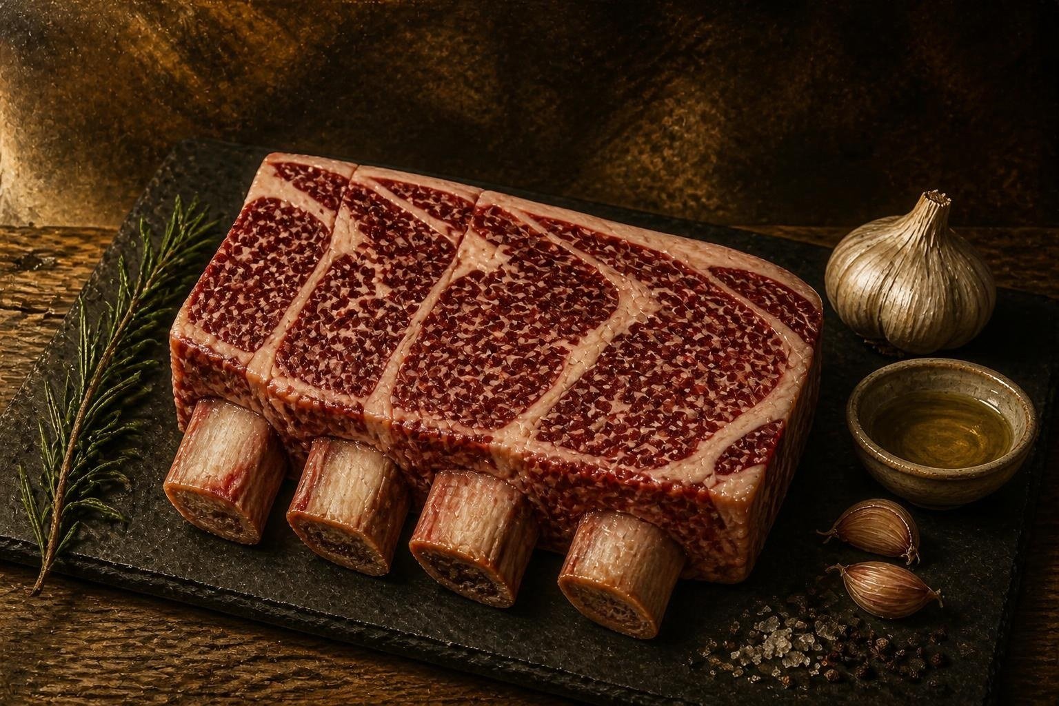 Raw American Wagyu short ribs on a slate board with garlic and herbs