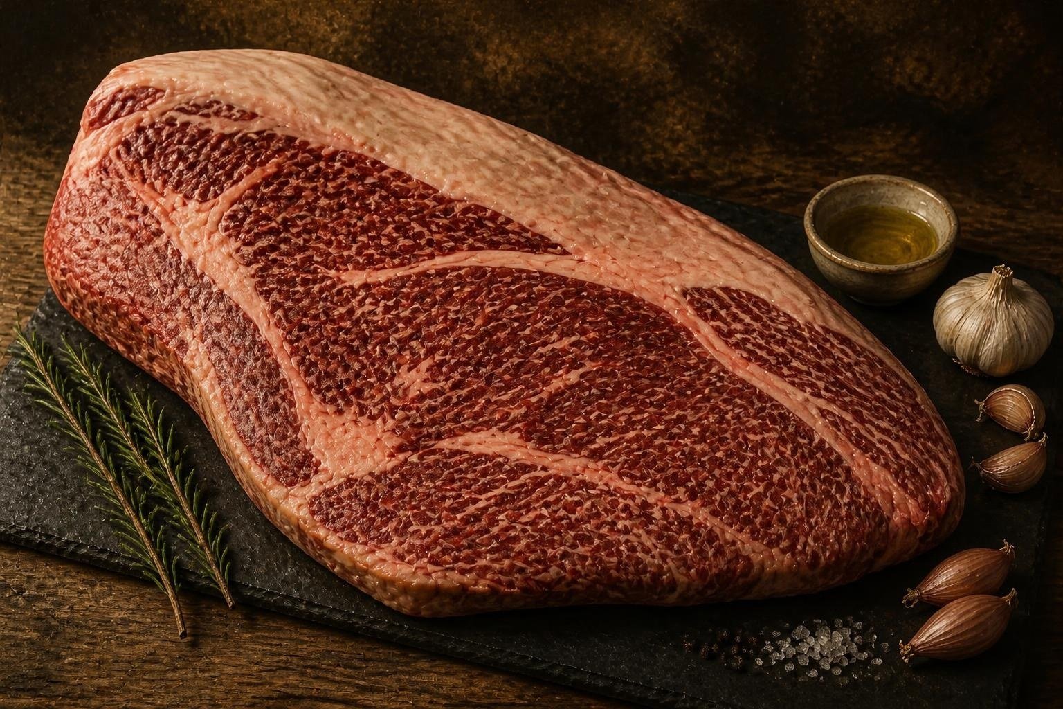 Raw American Wagyu brisket on a slate board with garlic and herbs