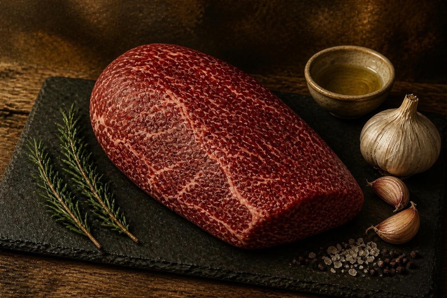 Raw American Wagyu sirloin tip roast on a slate board with garlic and herbs