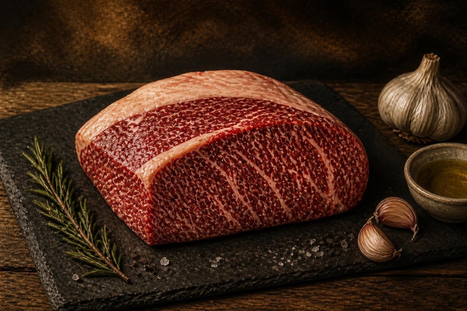 Raw American Wagyu top sirloin on a slate board with garlic and herbs
