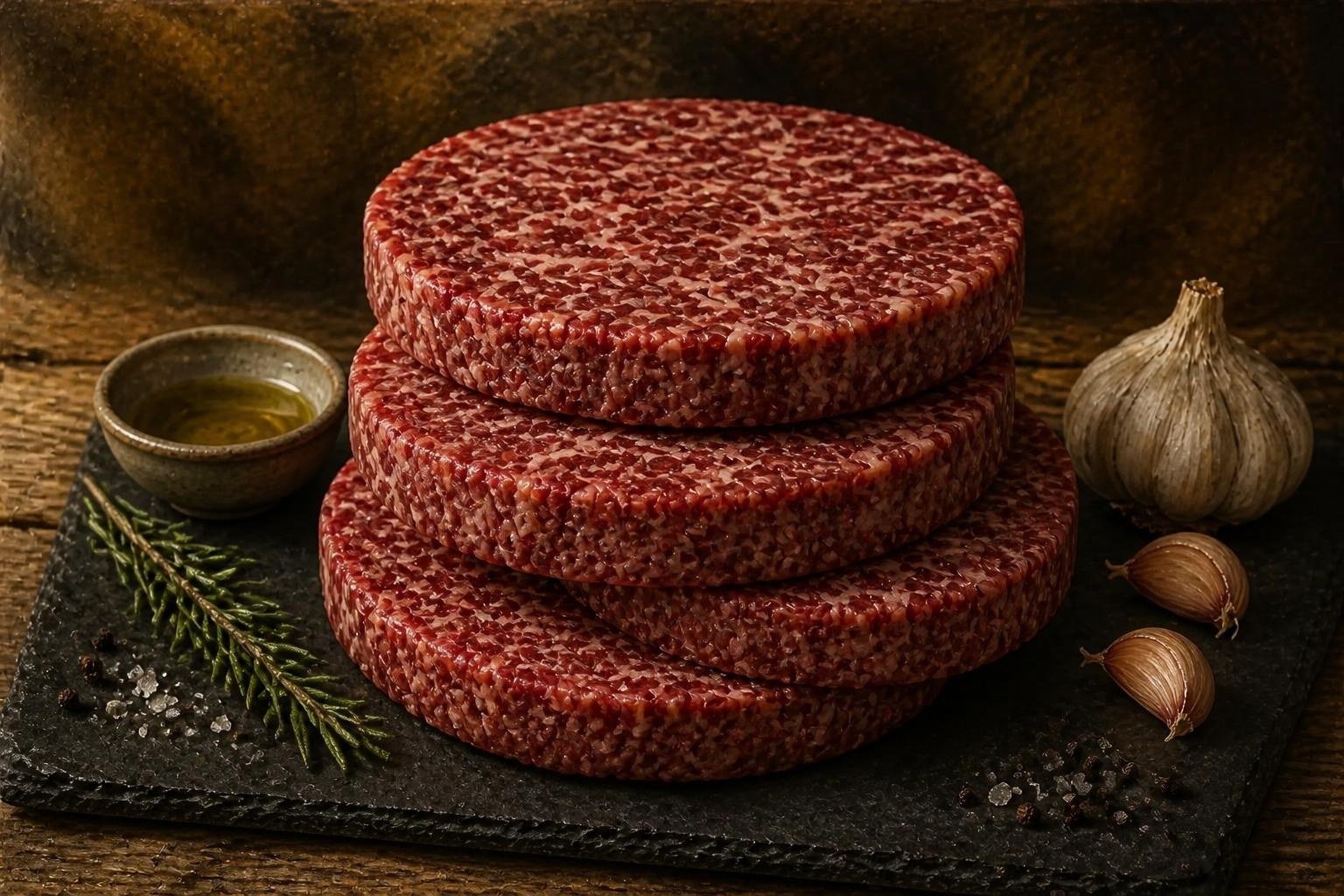 Raw American Wagyu ground beef on a slate board with garlic and herbs